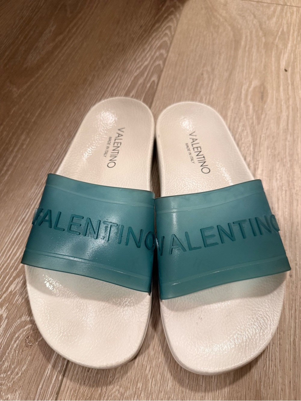 Valentino Women’s Teal Slide Sandals with Embossed Logo
